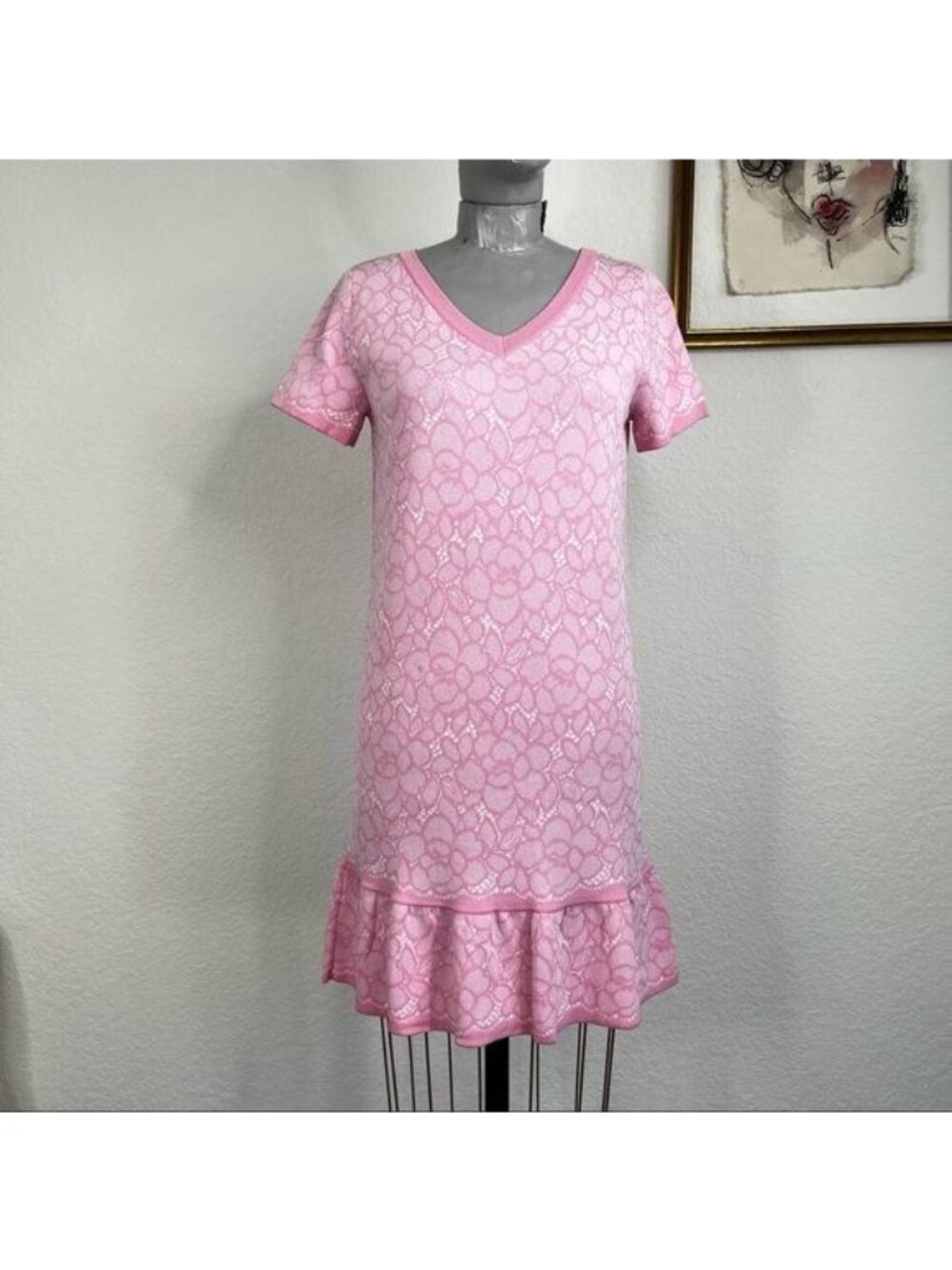 MOSCHINO Sweater Knit Printed Lace Tromp L'oeil Drop Waist Frill Dress